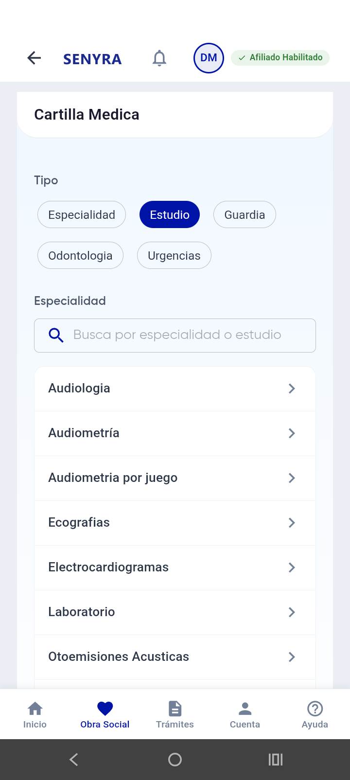 Cartilla médica con búsqueda por especialidad y estudios
