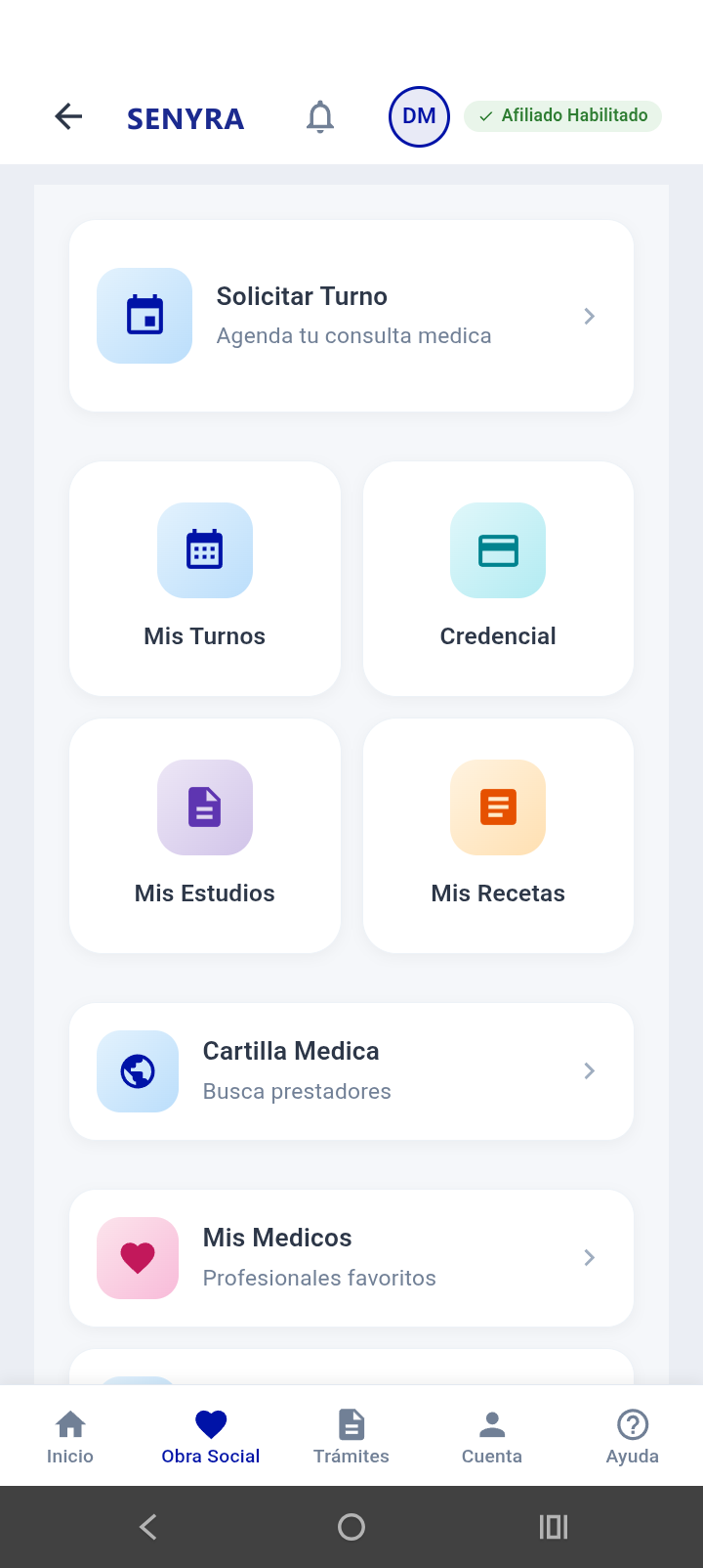 Menú de la app del afiliado: solicitar turno, mis turnos, credencial, estudios, recetas y cartilla