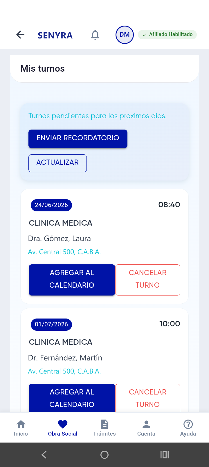 Pantalla Mis turnos con turnos pendientes, agregar al calendario y cancelar