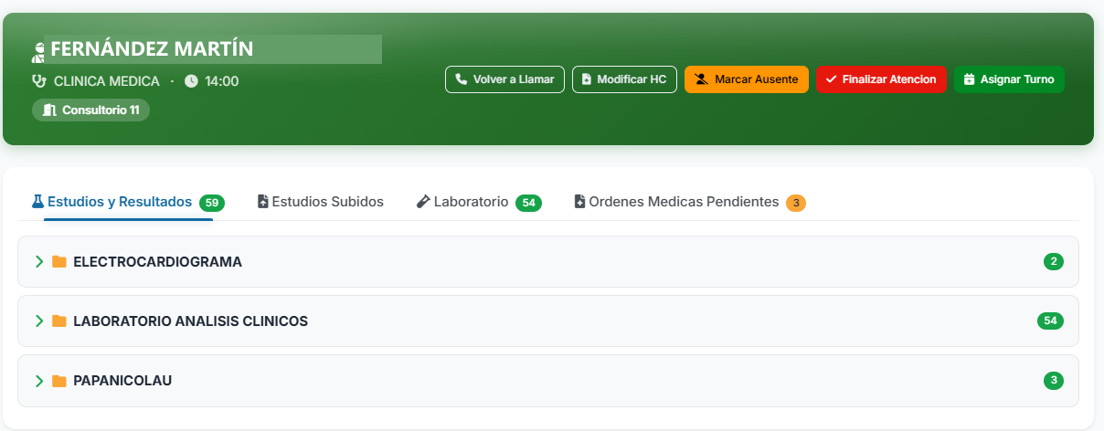 Historia clínica del paciente en atención: estudios y resultados, laboratorio y órdenes médicas