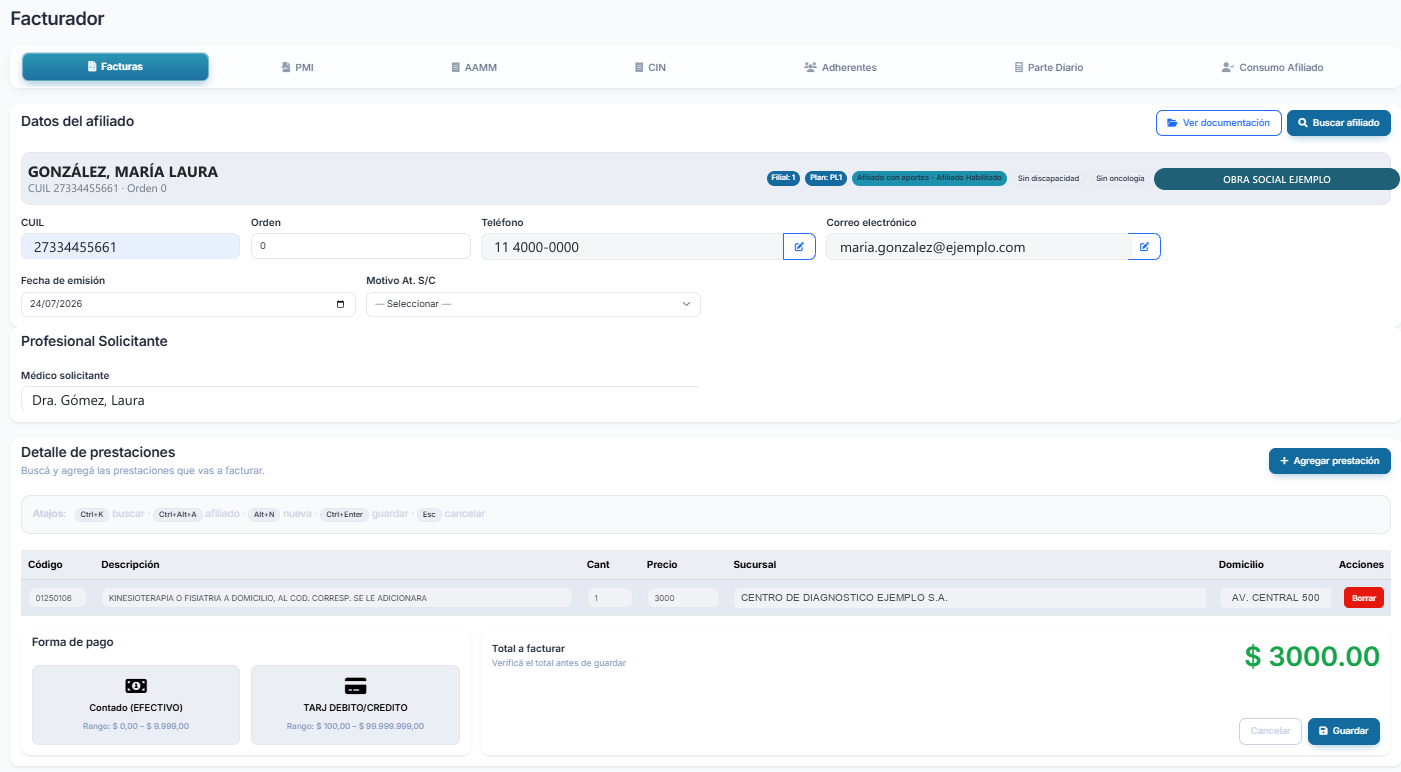 Facturador: datos del afiliado, detalle de prestaciones con código y precio, forma de pago y total a facturar