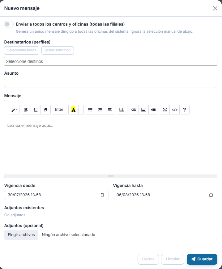Formulario de nuevo comunicado con destinatarios por perfil, vigencia, editor con formato y adjuntos