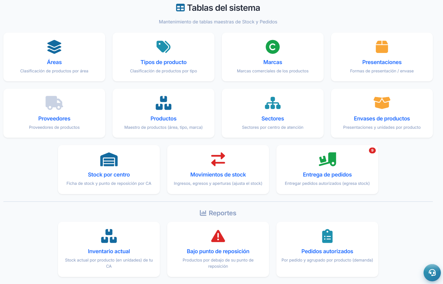Tablas maestras de stock y pedidos, con reportes de inventario actual, bajo punto de reposición y pedidos autorizados