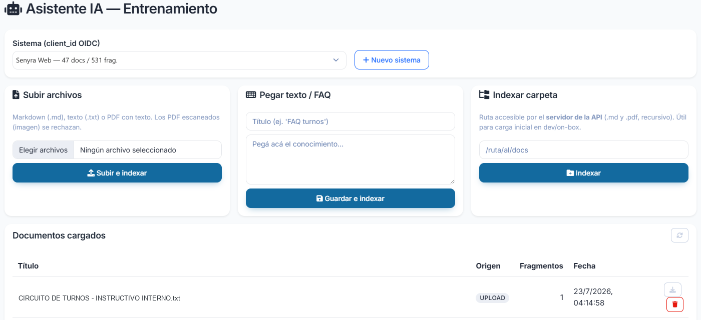 Pantalla de entrenamiento del asistente: subir archivos, pegar texto o FAQ, indexar carpetas y listado de documentos cargados