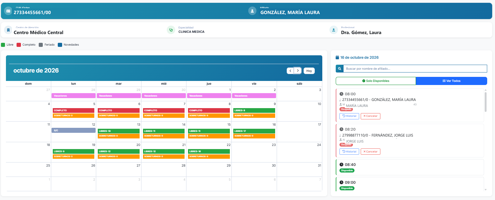 Calendario de asignación con horarios disponibles por profesional